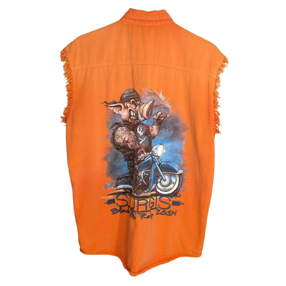 Sturgis 2014 Bikerwear USA Sleeveless Button Down Shirt L Pig Motorcycle Orange